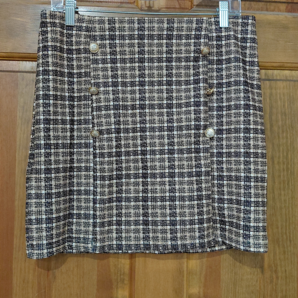NWOT Plaid BROWN AND TAN faux Button-Front Skirt